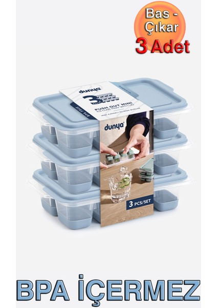 Mini Kapaklı Silikon Buz Kalıbı, Bas - Çıkar (Üçlü Set)