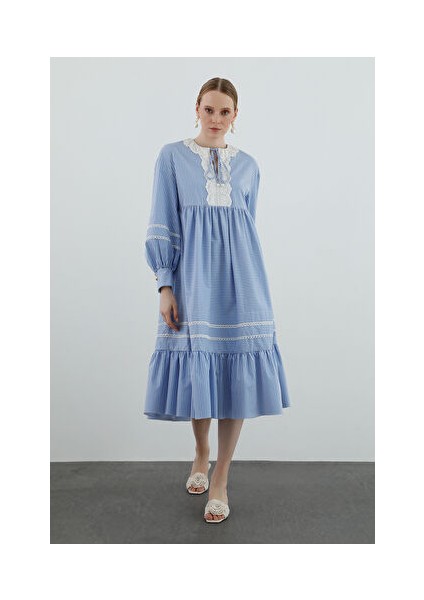 Işleme Detaylı Uzun Kollu Mavi Uzun Elbise fiyatları