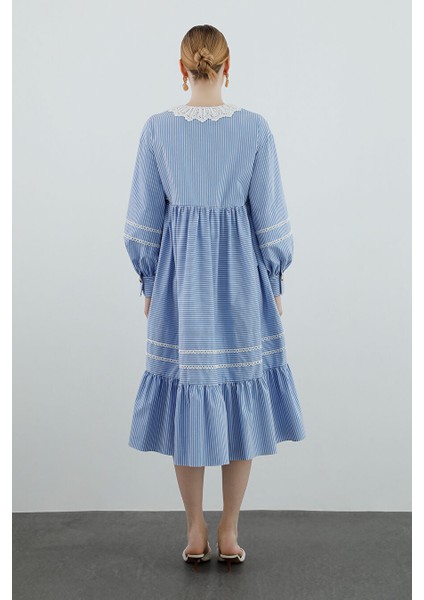 Işleme Detaylı Uzun Kollu Mavi Uzun Elbise fırsatları