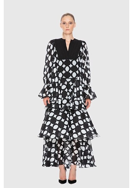 Işleme Detaylı Desenli Siyah Uzun Abiye Elbise