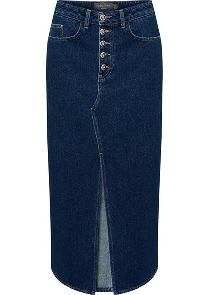 Düğme ve Yırtmaç Detaylı Pamuklu Midi Boy Denim Etek