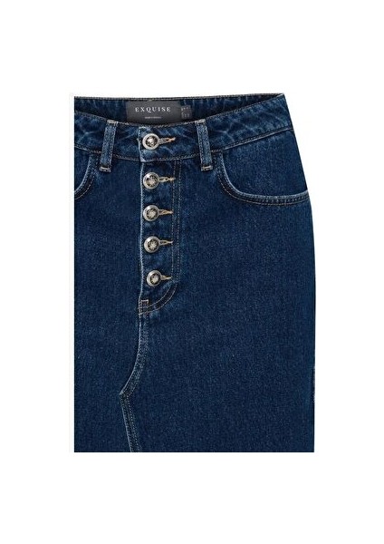 Düğme ve Yırtmaç Detaylı Pamuklu Midi Boy Denim Etek