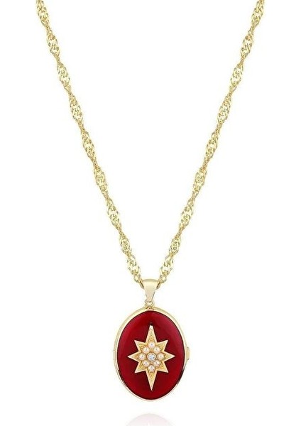 Bordo Mineli Kutup Yıldızı Madalyon Kolye Gold modelleri