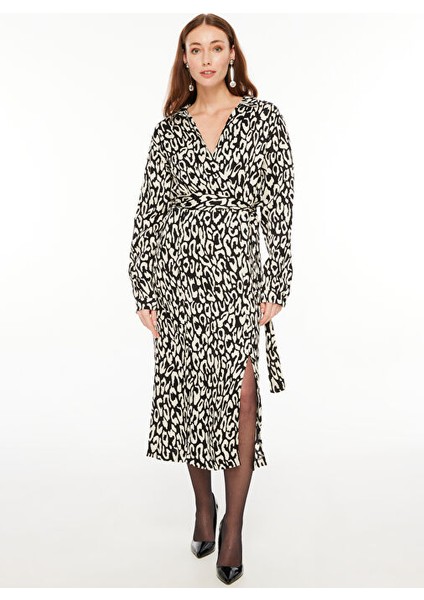 Gömlek Yaka Desenli Siyah - Beyaz Midi Kadın Elbise F3WL-ELB2 fiyatları