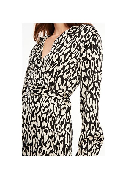 Gömlek Yaka Desenli Siyah - Beyaz Midi Kadın Elbise F3WL-ELB2 fırsatları