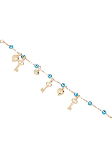 Anahtar Figürlü Nazar Boncuklu Altın Bileklik