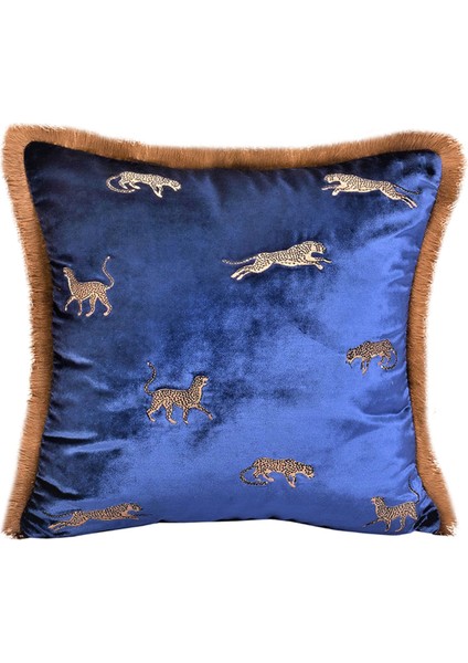Dekoratif Leopar Desenli Lacivert Kadife Kırlent Kılıfı