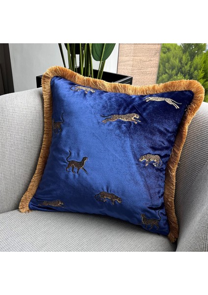 Dekoratif Leopar Desenli Lacivert Kadife Kırlent Kılıfı modelleri