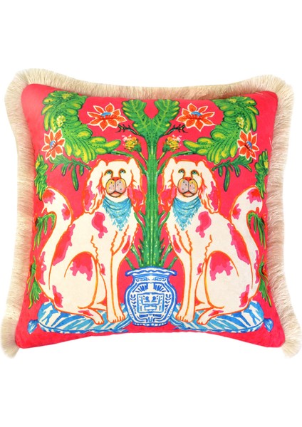 Dekoratif Chinoiserie Köpek Desenli Kadife Kırlent Kılıfı 45 cm x 45 cm