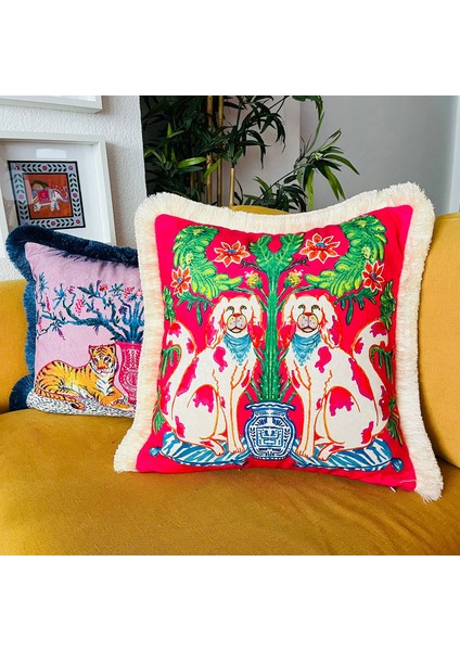 Dekoratif Chinoiserie Köpek Desenli Kadife Kırlent Kılıfı 45 cm x 45 cm modelleri
