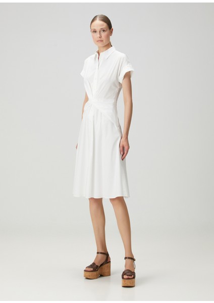 Beyaz Drape Detaylı Midi Elbise