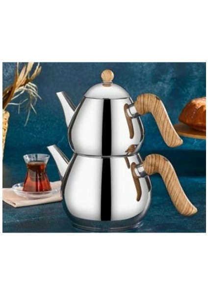 Damla Mini Boy Çelik Çaydanlık Takımı-Ahşap