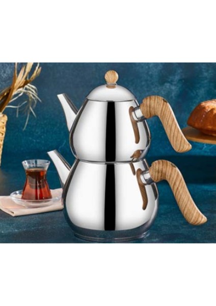 Damla Mini Boy Çelik Çaydanlık Takımı-Ahşap fiyatları