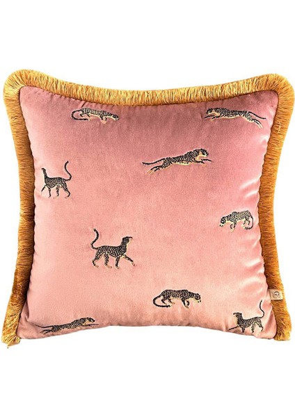 Dekoratif Leopar Desenli Pembe Kadife Kırlent Kılıfı 45 x 45 cm