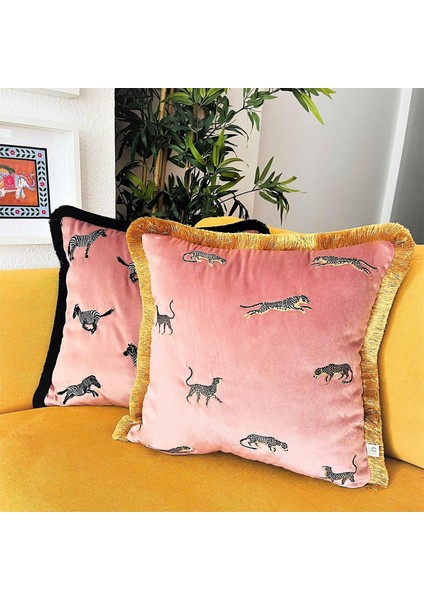 Dekoratif Leopar Desenli Pembe Kadife Kırlent Kılıfı 45 x 45 cm indirimleri