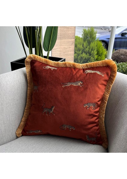 Dekoratif Leopar Desenli Kiremit Kadife Kırlent Kılıfı 45 x 45 cm modelleri