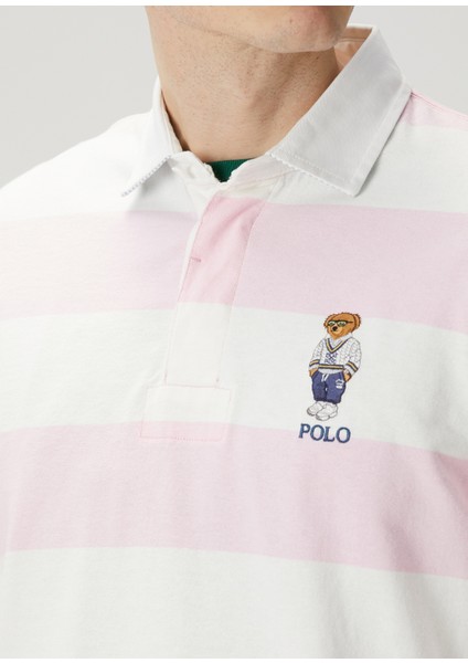 Pembe Beyaz Polo Yaka Çizgi Desenli Sweatshirt indirimleri