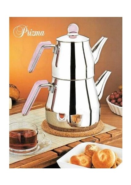 Prizma Orta Boy Çelik Çaydanlık Takımı-Kırmızı