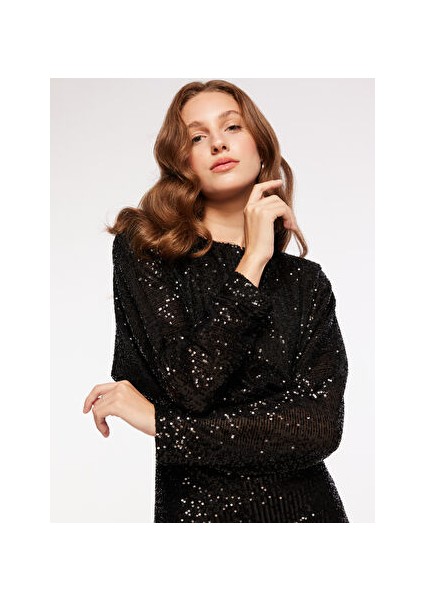 Bisiklet Yaka Payetli Siyah Mini Kadın Elbise F3WL-ELB13 indirimleri