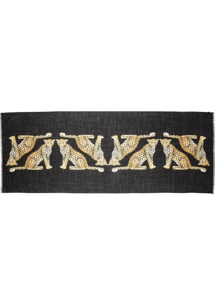 Mw Twin Leopards Black Wool Silk Long Scarf Kadın Eşarp