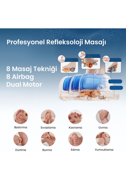 Air Eight Ayak ve Bacak Masaj Cihazı — “8 Airbag ve 8 Fonksiyonlu, Isı Terapili, Hava Basınçlı ve Titreşimli