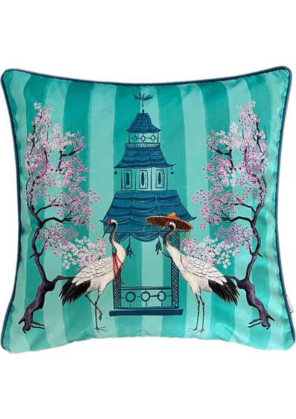 Turna Desenli Turkuaz Dekoratif Kırlent Kılıfı 50X50 cm