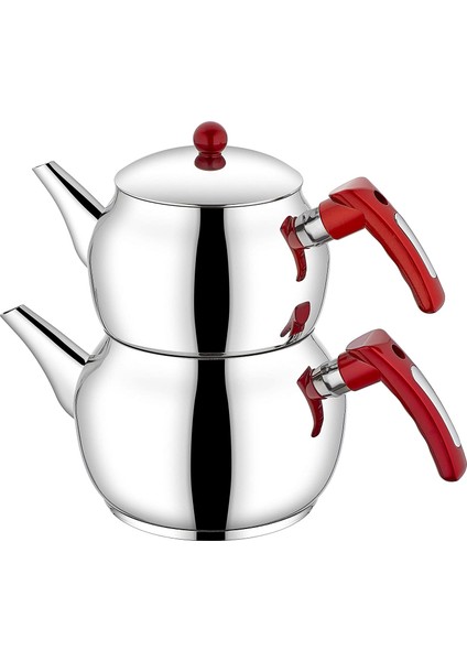 Tuğra Mega Boy Çelik Çaydanlık Takımı-Kırmızı