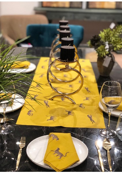 Leopar Desenli Özel Tasarım Sarı Keten Runner 40X120 cm fırsatları