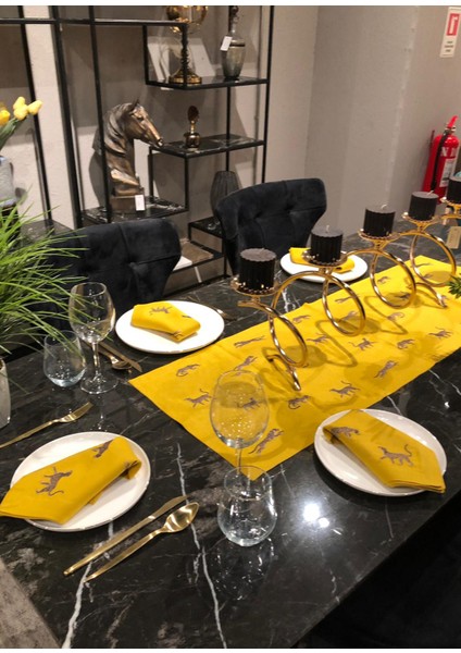 Leopar Desenli Özel Tasarım Sarı Keten Runner 40X120 cm indirimleri