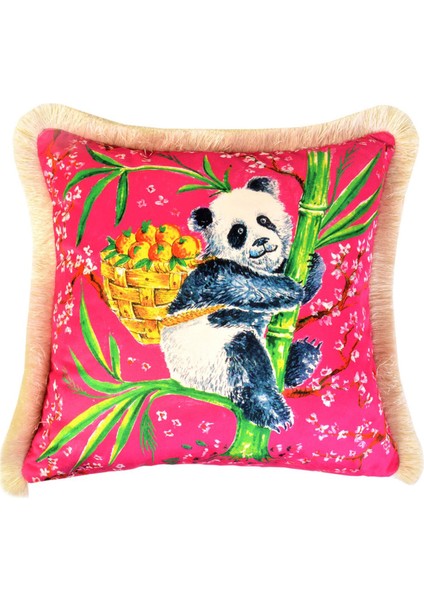 Panda Desenli Fuşya Kadife Dekoratif Kırlent Kılıfı 45 x 45 cm