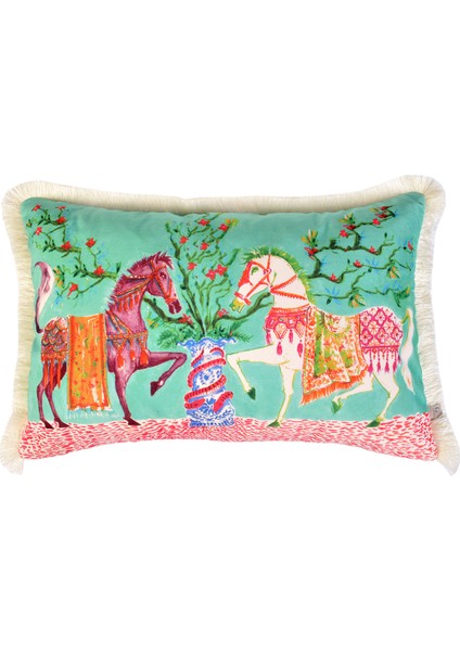 At Desenli Su Yeşili Kadife Dekoratif Kırlent Kılıfı 40 x 60 cm