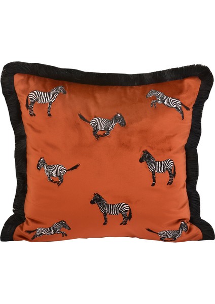 Dekoratif Zebra Nakış Işlemeli Siyah Püsküllü Kiremit Kadife Yastık Kılıfı 45X45 cm