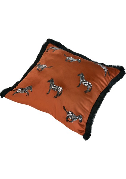 Dekoratif Zebra Nakış Işlemeli Siyah Püsküllü Kiremit Kadife Yastık Kılıfı 45X45 cm fiyatları