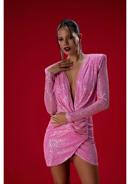 Pembe Payetli Drape Detaylı Mini Elbise modelleri