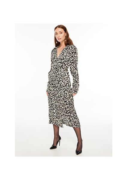 Gömlek Yaka Desenli Siyah - Beyaz Midi Kadın Elbise F3WL-ELB2