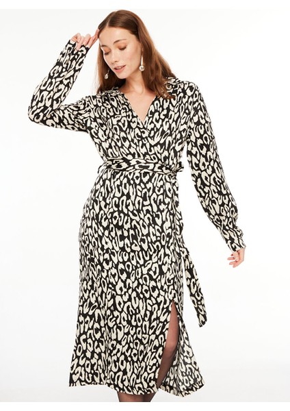 Gömlek Yaka Desenli Siyah - Beyaz Midi Kadın Elbise F3WL-ELB2 modelleri