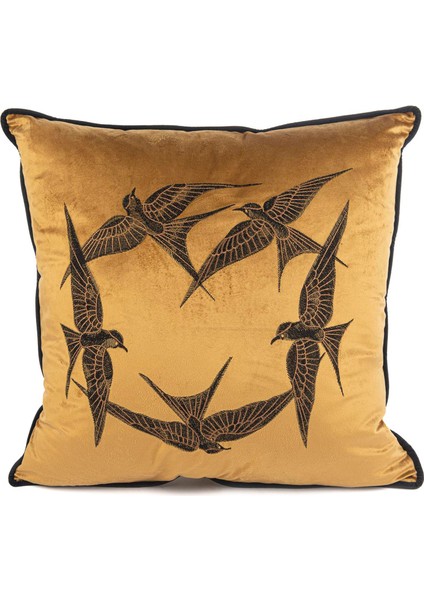 Isla Bronz Yuvarlak Kuşlar Kadife Yastık Kırlent 55X55 cm
