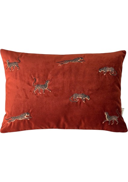 Leopar Desenli Kiremit Kadife Dekoratif Kırlent Kılıfı 35 x 50 cm
