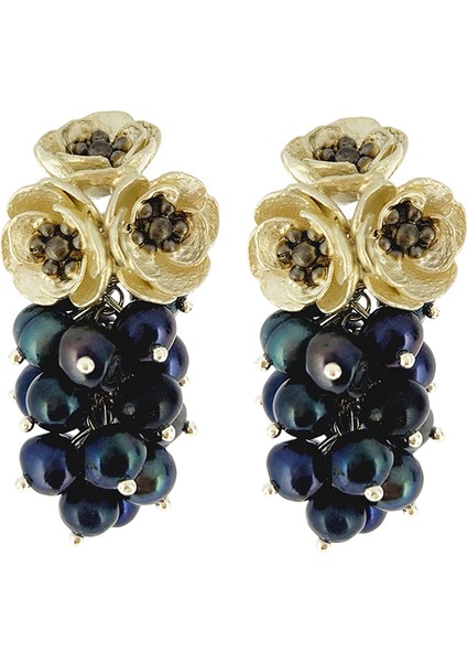 Siyah Salkım Incili Anemon 925 Ayar Gümüş Kadın Küpe