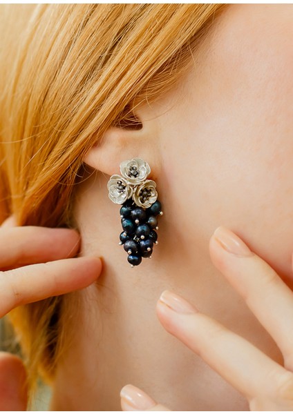 Siyah Salkım Incili Anemon 925 Ayar Gümüş Kadın Küpe modelleri