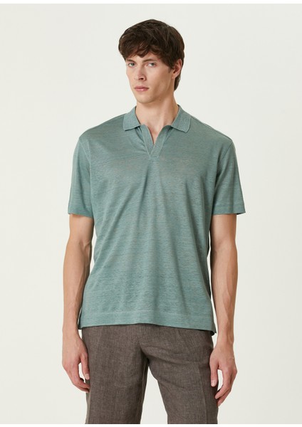 Açık Yeşil Polo Yaka Keten T-Shirt