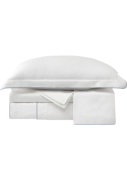 Mavi Biyeli Beyaz Pamuk Saten Çift Kişilik Nevresim Takımı 200X220 cm