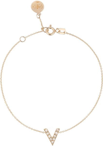 V Harfi Pırlanta Taşlı 14 Ayar Altın Kadın Bileklik