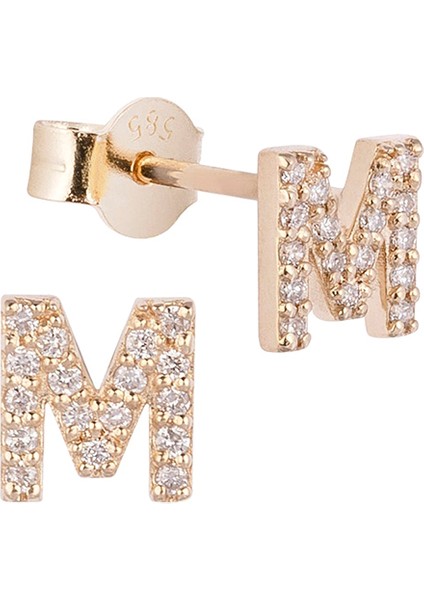 M Harfli Pırlanta Taşlı 14 Ayar Altın Kadın Tek Küpe