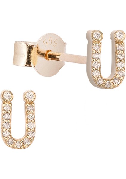 Ü Harfli Pırlanta Taşlı 14 Ayar Altın Kadın Tek Küpe