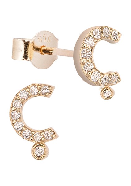 Ç Harfli Pırlanta Taşlı 14 Ayar Altın Kadın Tek Küpe