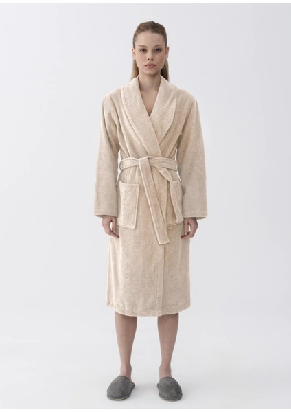 Eclair Bej Penye Pamuklu Unisex Bornoz
