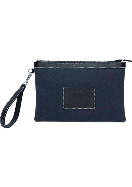 Stitched Lacivert Denim Siyah Clutch Kadın El Portföyü