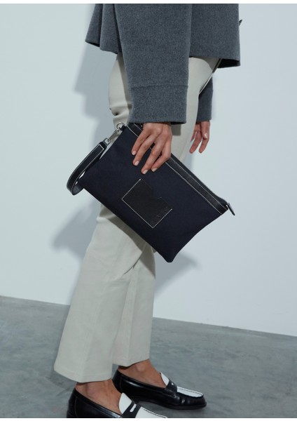 Stitched Lacivert Denim Siyah Clutch Kadın El Portföyü modelleri