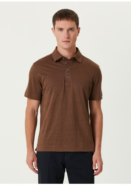 Kahverengi Polo Yaka Keten T-Shirt